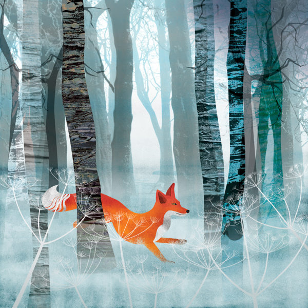 Helen Wyllie winter fox in birch trees