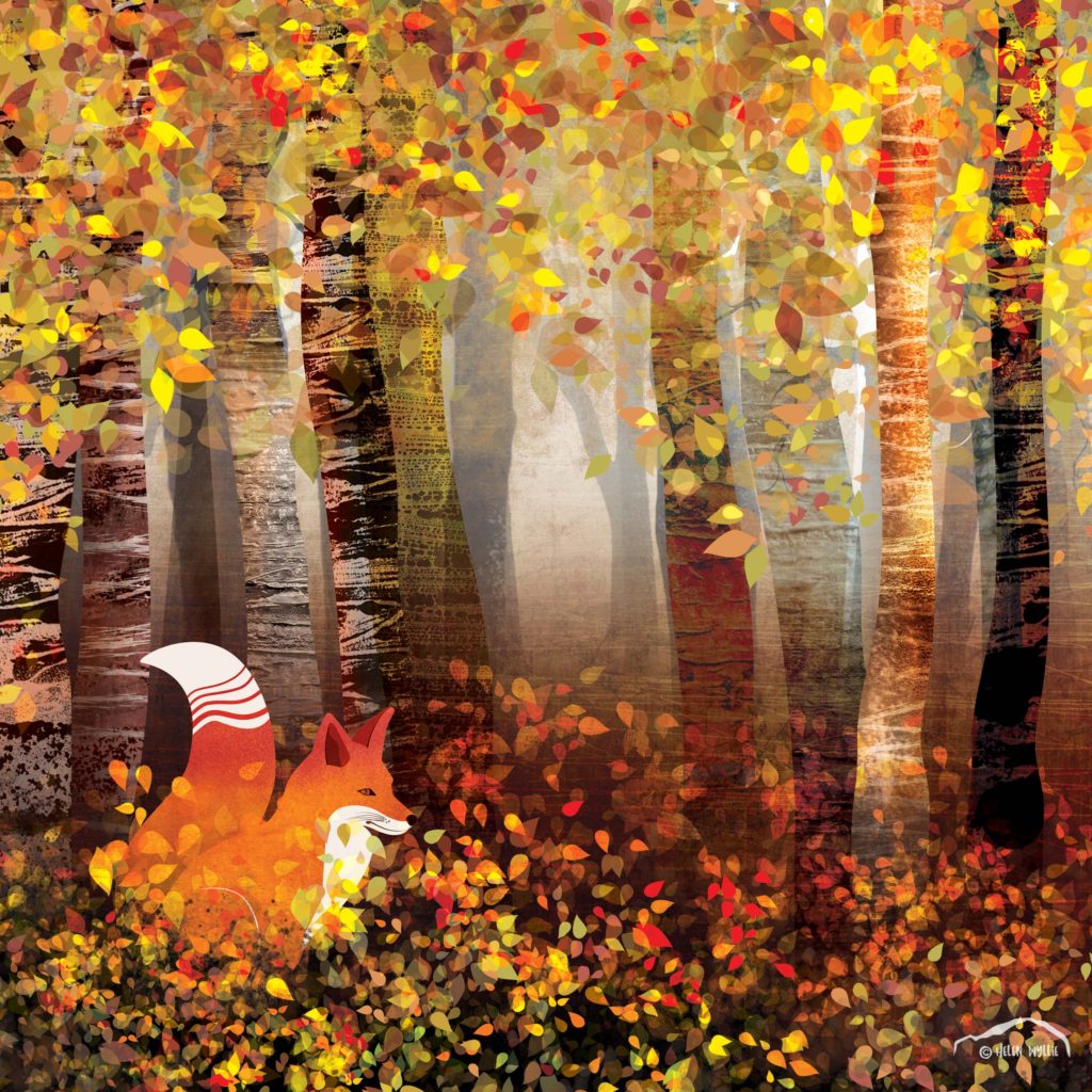 Autumn fox and birch trees by Helen Wyllie