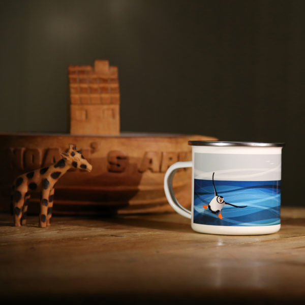 enamel camping mug, bass rock and puffin