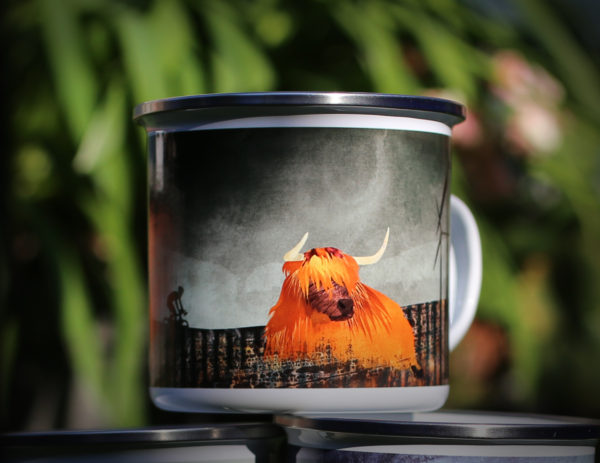 Lost (cycling and highland cow) enamel camping mug