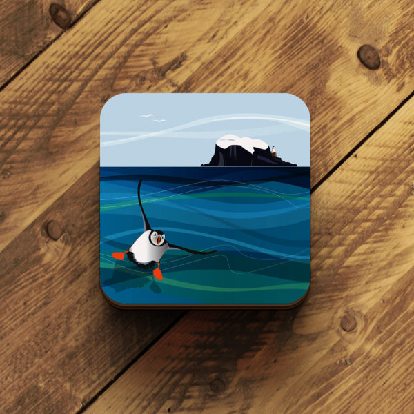 Helen Wyllie coaster Bass Rock and puffin