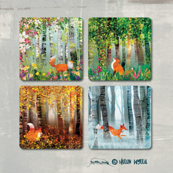 coaster set foxes in birch trees by helen wyllie