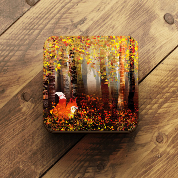 Autumn fox in birch trees coaster