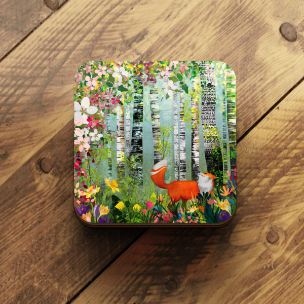 Spring fox in birch trees coaster