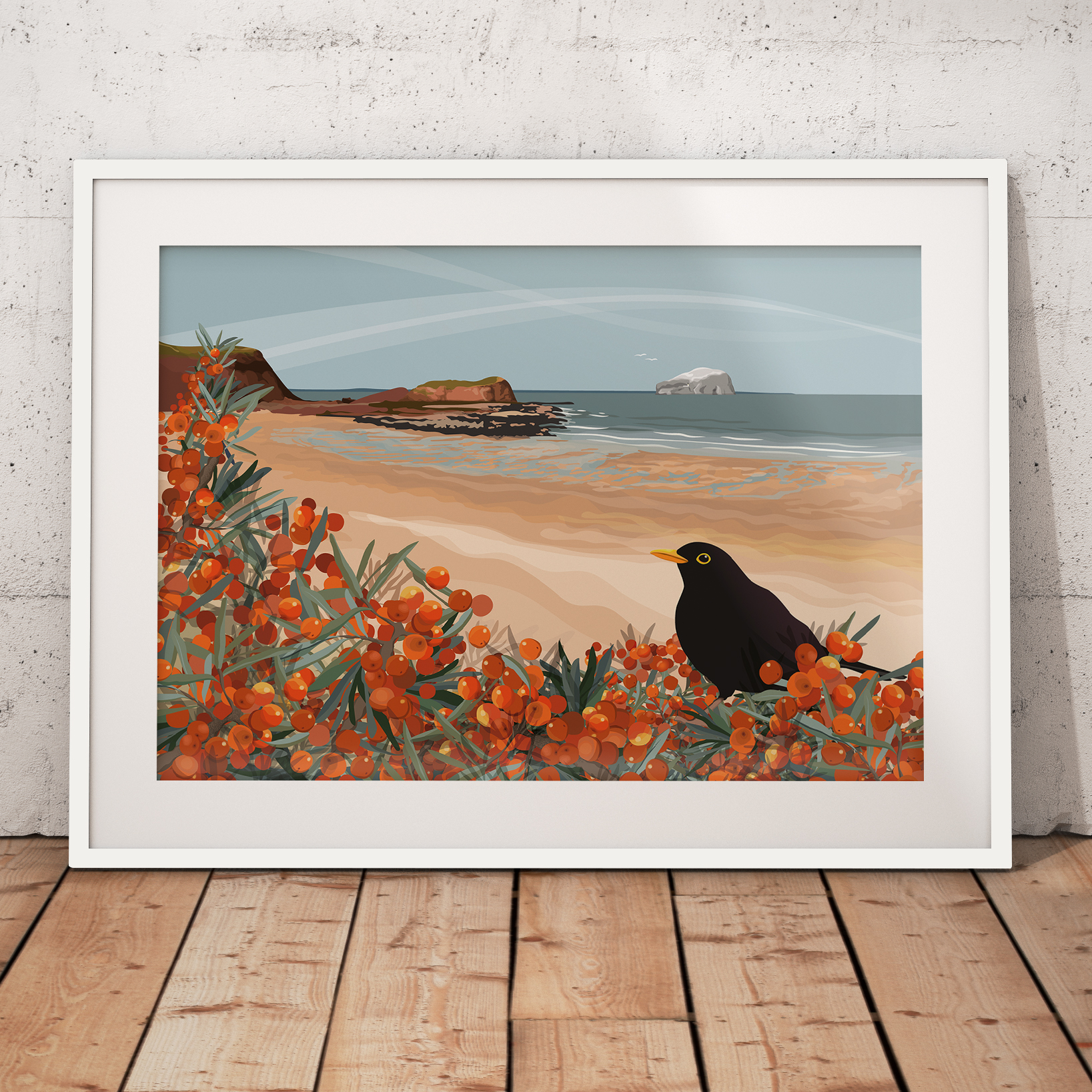Blackbird and sea buckthorn, Seacliff by Helen Wyllie