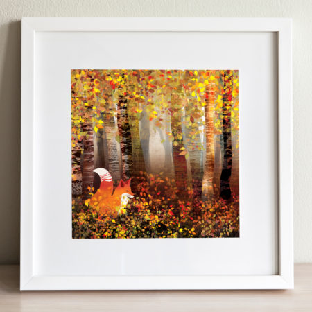 Autumn fox and birch trees by Helen Wyllie