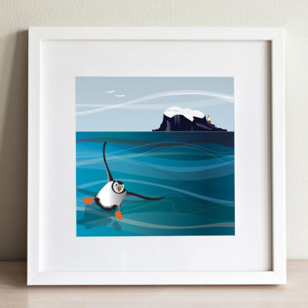 Bass Rock and Puffin square print by helen wyllie