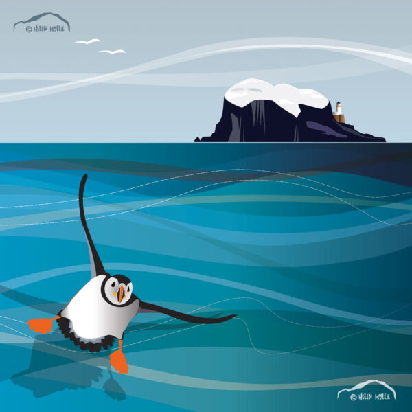Bass rock and puffin by helen wyllie