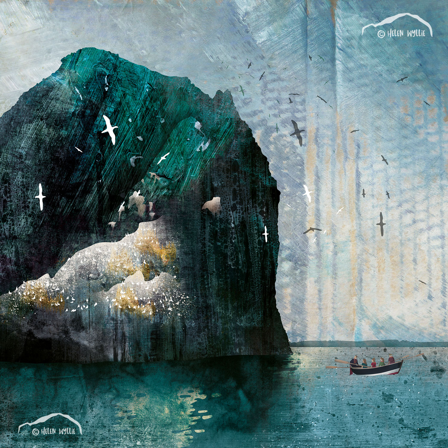 skiff at the bass rock print by helen wyllie