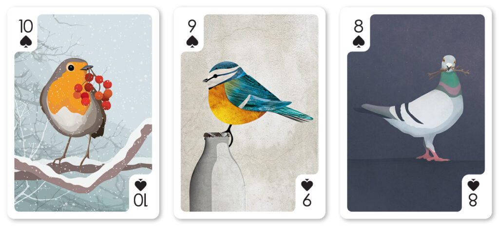 helen wyllie playing cards robin blue tit pigeon